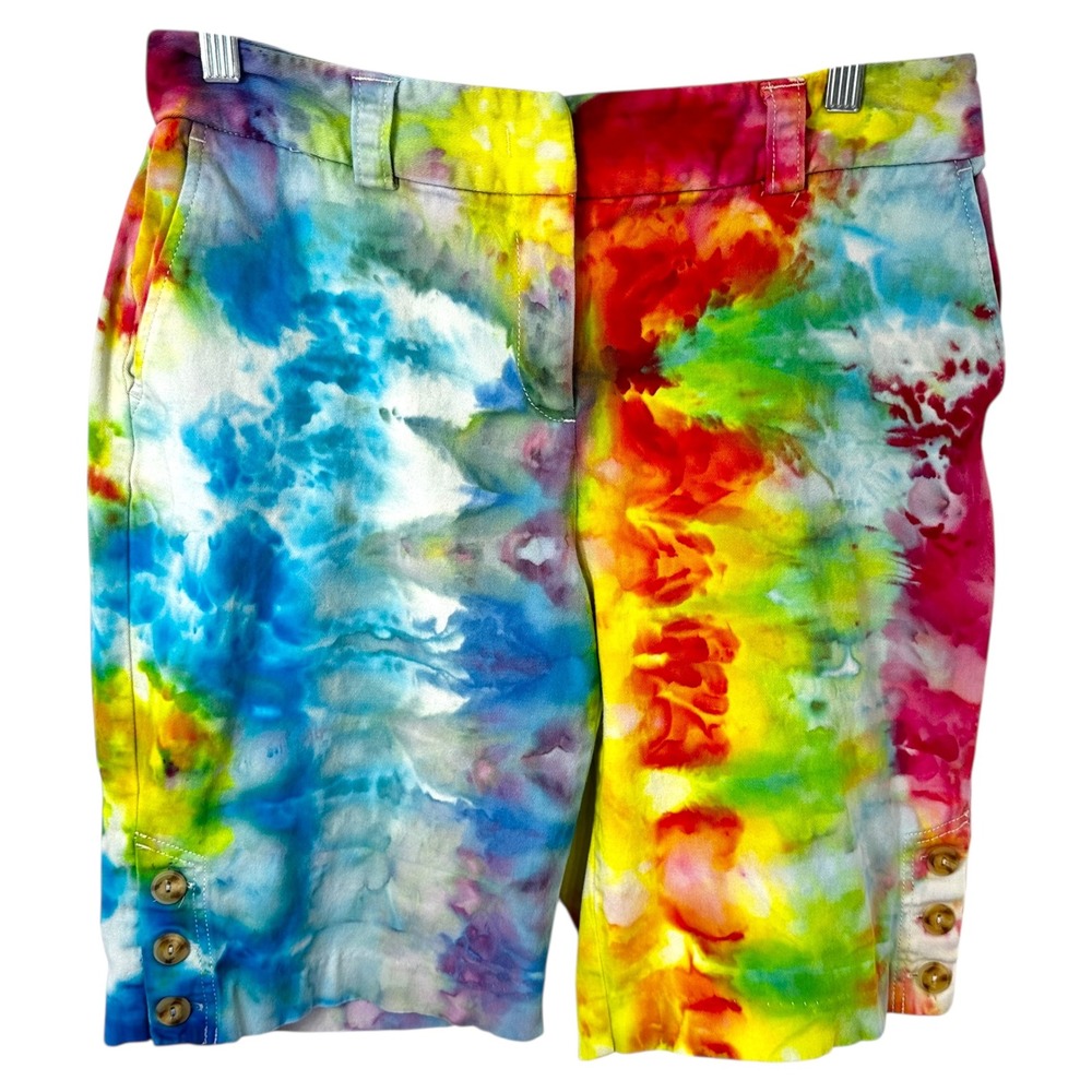 Rafaella Size 10 Shorts Handmade Tie Dye Bermuda Blue Yellow Red Mid Rise 436 - Picture 1 of 12